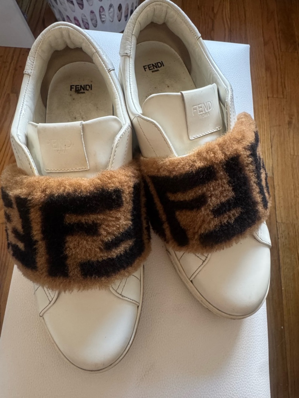 Fendi White Leather Sneakers with Brown Fur FF Strap